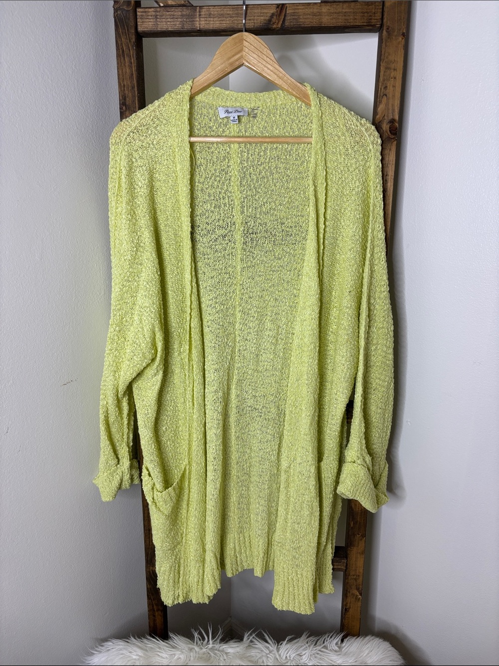 Petal Dew Soft Light Green Bouclé Open-Front Cardigan - Casual Layering Size M